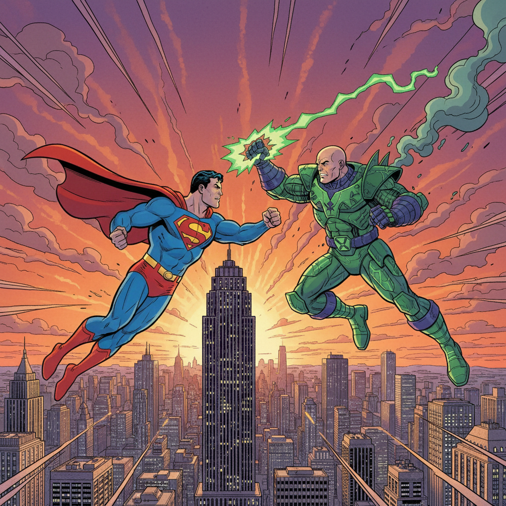 Superman enfrentando Lex Luthor em Metropolis