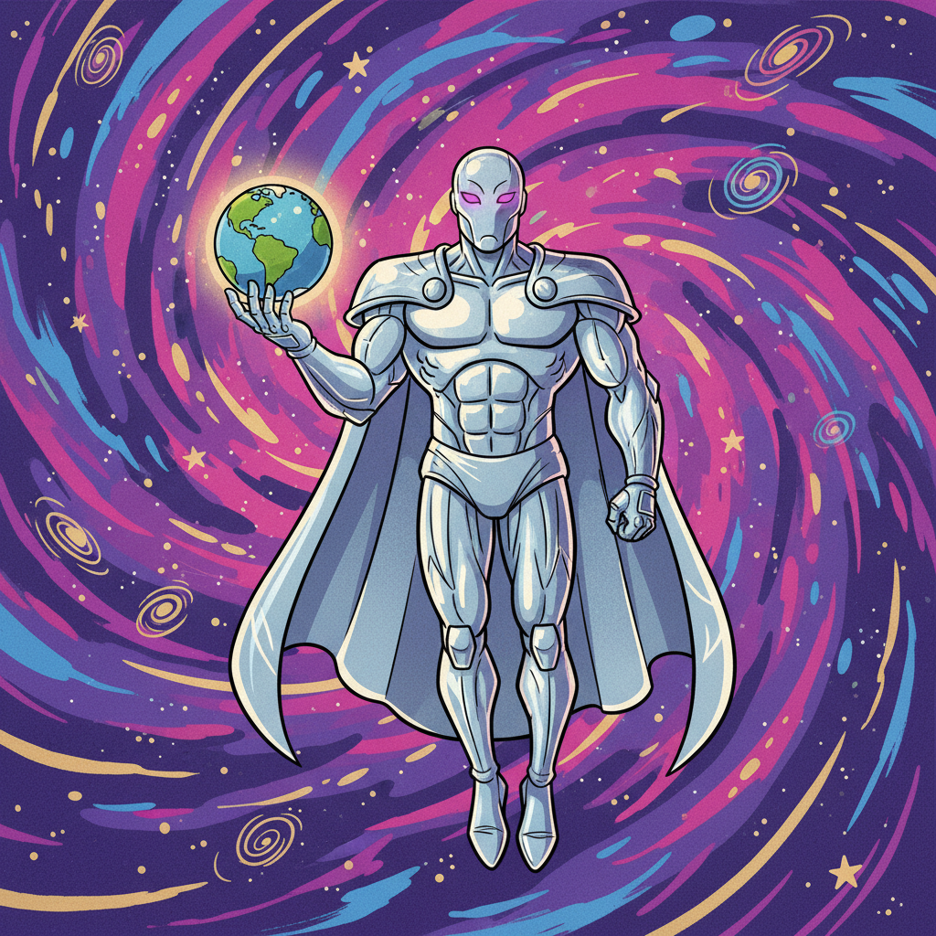 Galactus se aproximando da Terra retrô-futurista