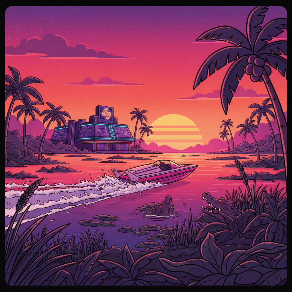 Vice City de GTA 6 ao entardecer com palmeiras e neon