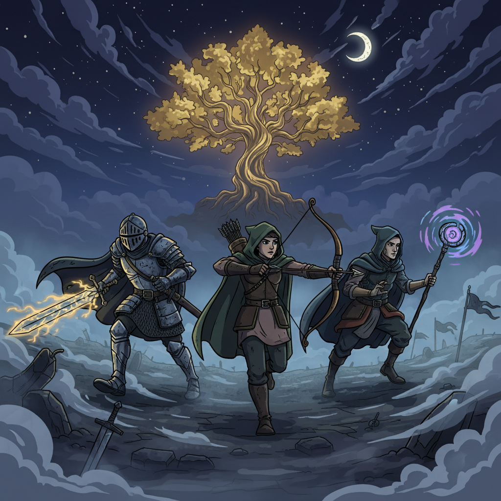 Trio de guerreiros do Nightreign explorando as Lands Between